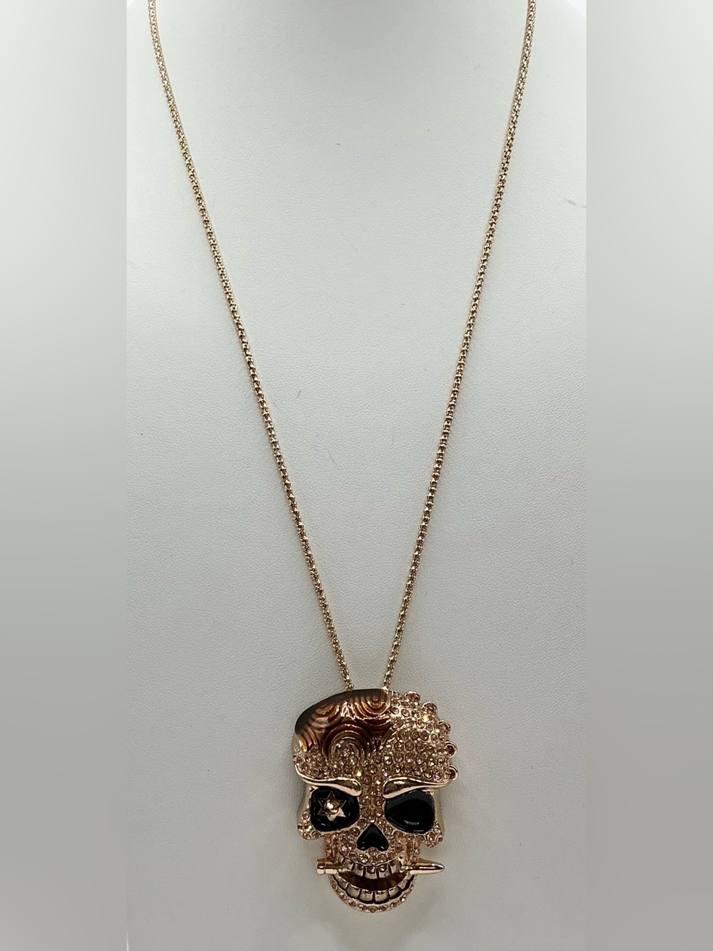 BETSY JOHNSON GOLD BROWN AND SMOKY SKULL WITH SPIKE IN MOUTH NECKLACE